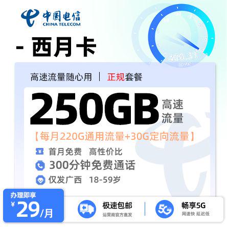 贵港电信西月卡29元享205G流量+300分钟通话