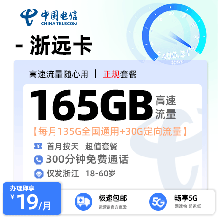 电信浙远卡【浙江专属】 19元/月享135G全国通用流量+30G定向流量+300分钟通话
